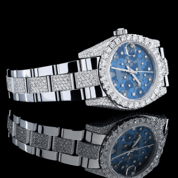 Flower Style Blue Dial Minimal Moissanite Watch