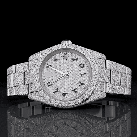 Fully iced-out Moissanite automatic watch with Black Arabic Numerals