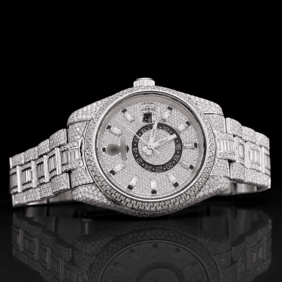 Fully iced-out moissanite watch with Baguette stick markers