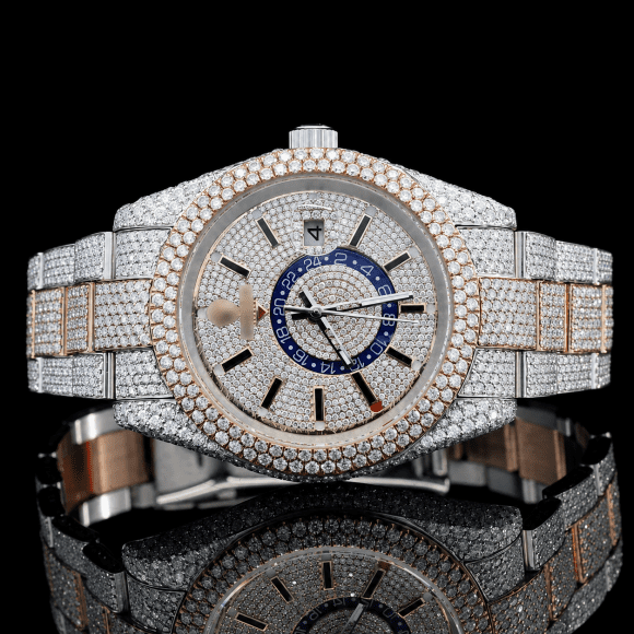 Iconic Two Tone VVS Moissanite Watch with Black stick markers - Rose Gold