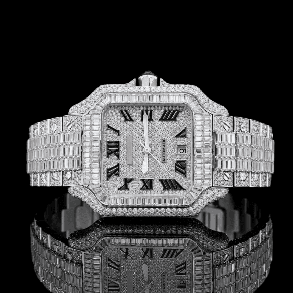 Square Dial Iced-out Baguette Moissanite Watch with Roman Numerals