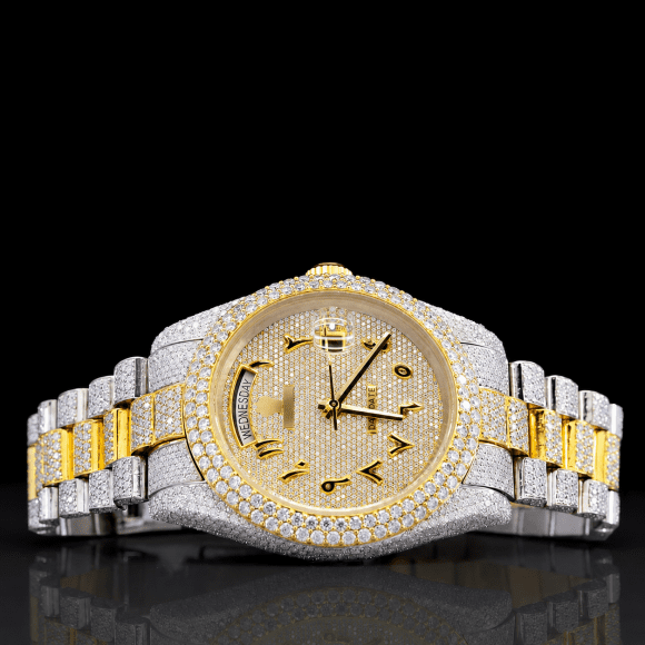 Stylish Fully Iced Out Moissanite Watch with Black Arabic Numerals - Yellow gold