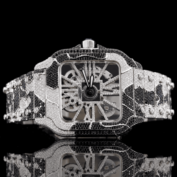 Stylish black and White Moissanite Skeleton Watch For Men