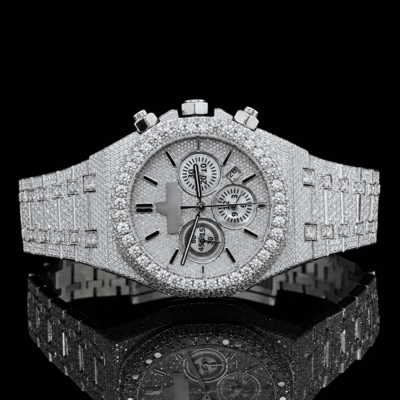 Superior Iced-out Moissanite watch with black stick markers