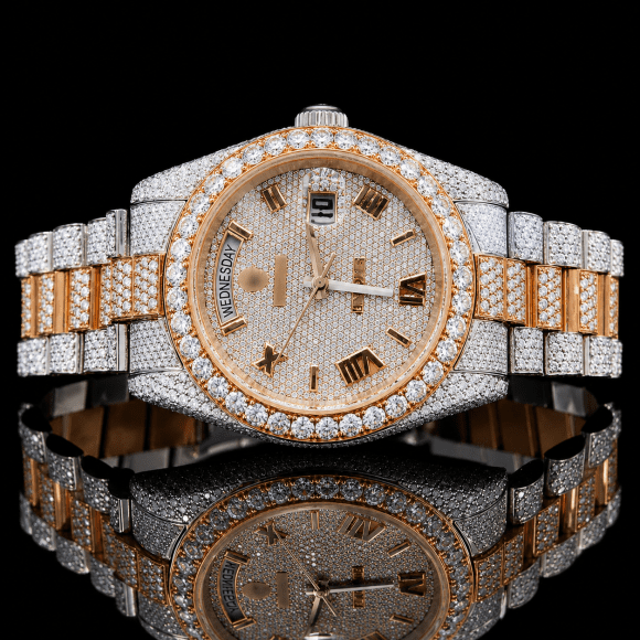 Superior Two-Tone Moissanite watch with Black Roman Numerals - Rose gold