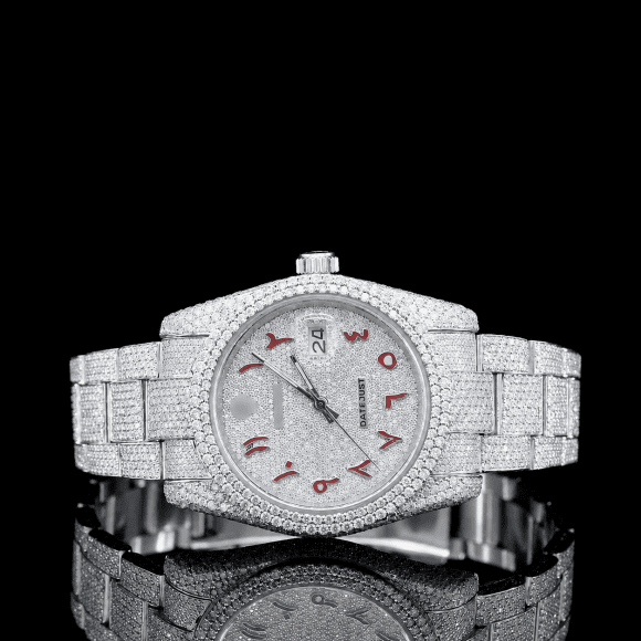 Superior bust down Moissanite watch with Red Arabic Numerals