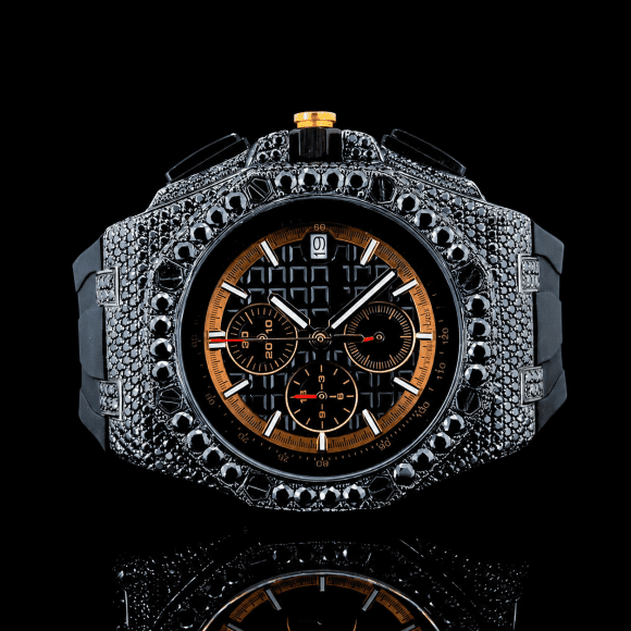 Unique Black Moissanite Dial Watch with Black Rubber Strap